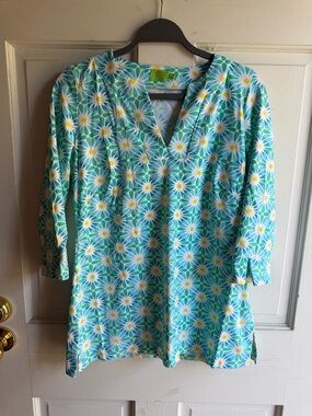 Katherine Way Aqua Floral V-Neck Tunic Top